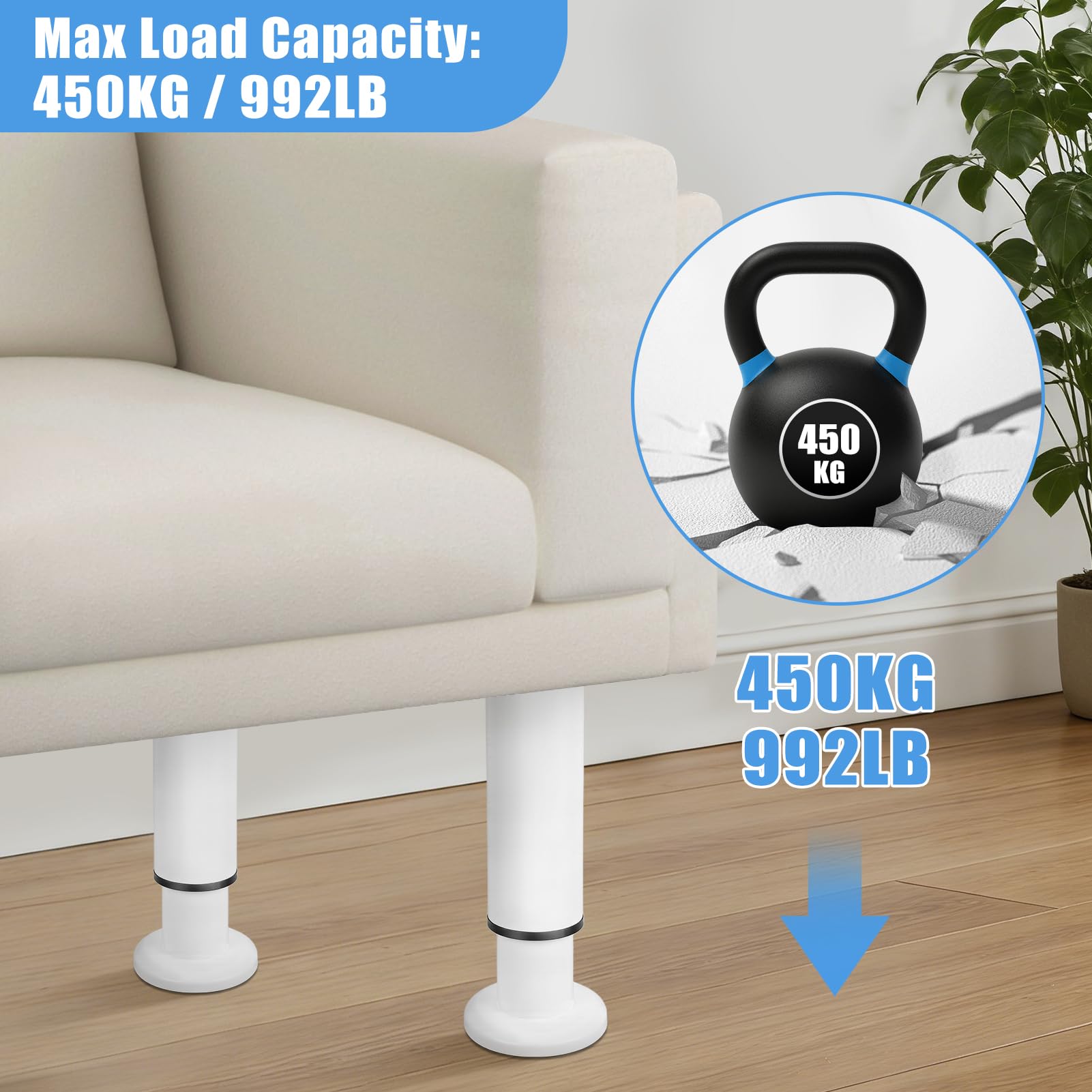 4 Patas para Muebles Blancas de Acero, Patas Ajustables para Muebles de Sofá, Cama, Armario, Zapatero y Baño, Carga 300kg, Cuadradas con Base ABS Antideslizante, 20 Tornillos (25-42cm)
