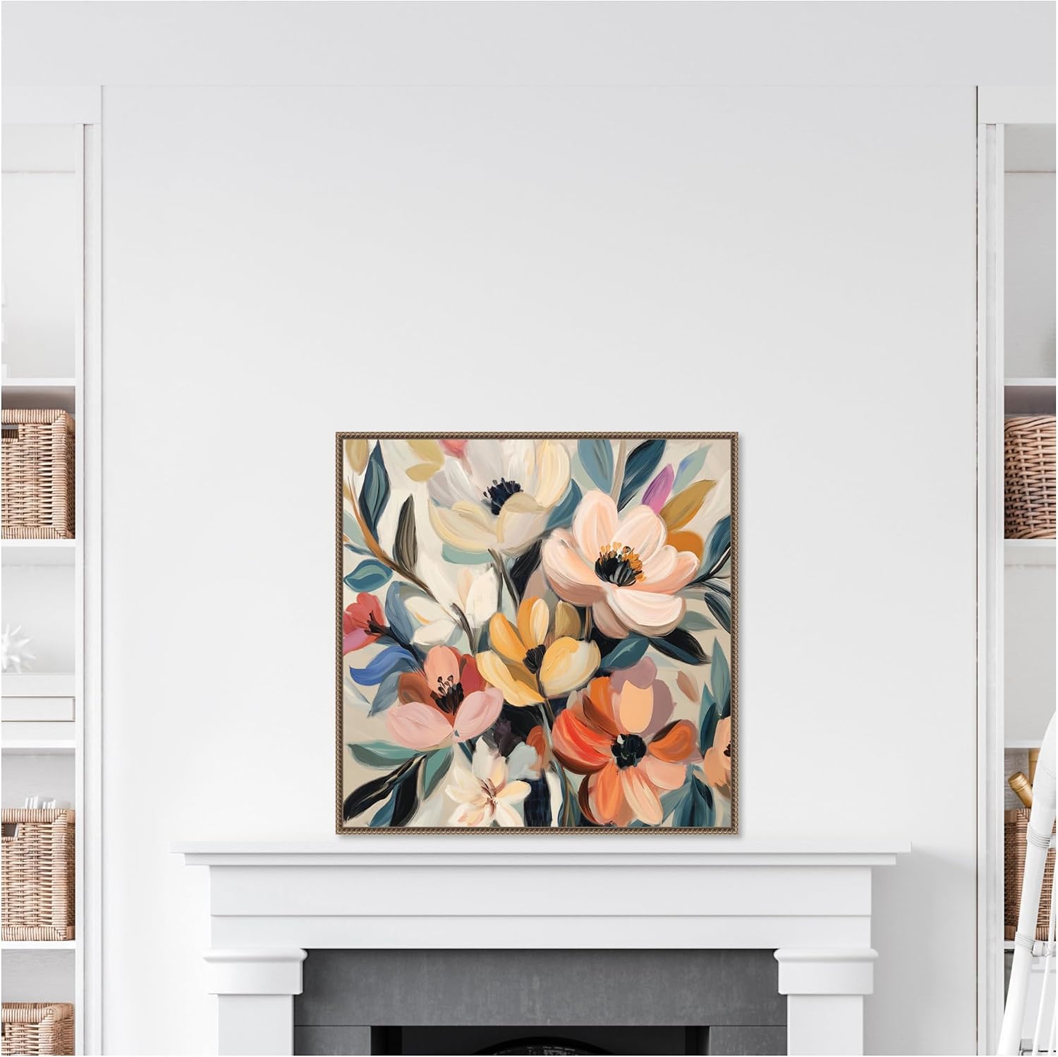 Kate and Laurel Sylvie Garden Bloom Abstract Bouquet II Framed Canvas Wall Art by The Creative Bunch Studio 30 x 30 Beaded Gold, Bohemian Boho, Flowers, Nature Art for Wall Decor, Living Room, Bedroom
