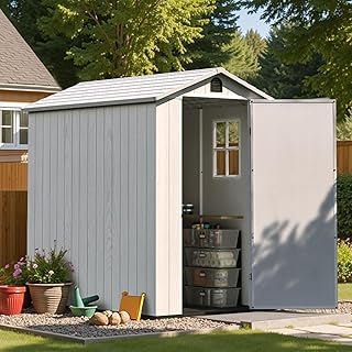 Patiowell 4 x 6 Resin Storage Shed, Outdoor Plastic Garden Shed with Lockable Door & Window, Easy Assembly Tool Shed for Backyard, Light Gray
