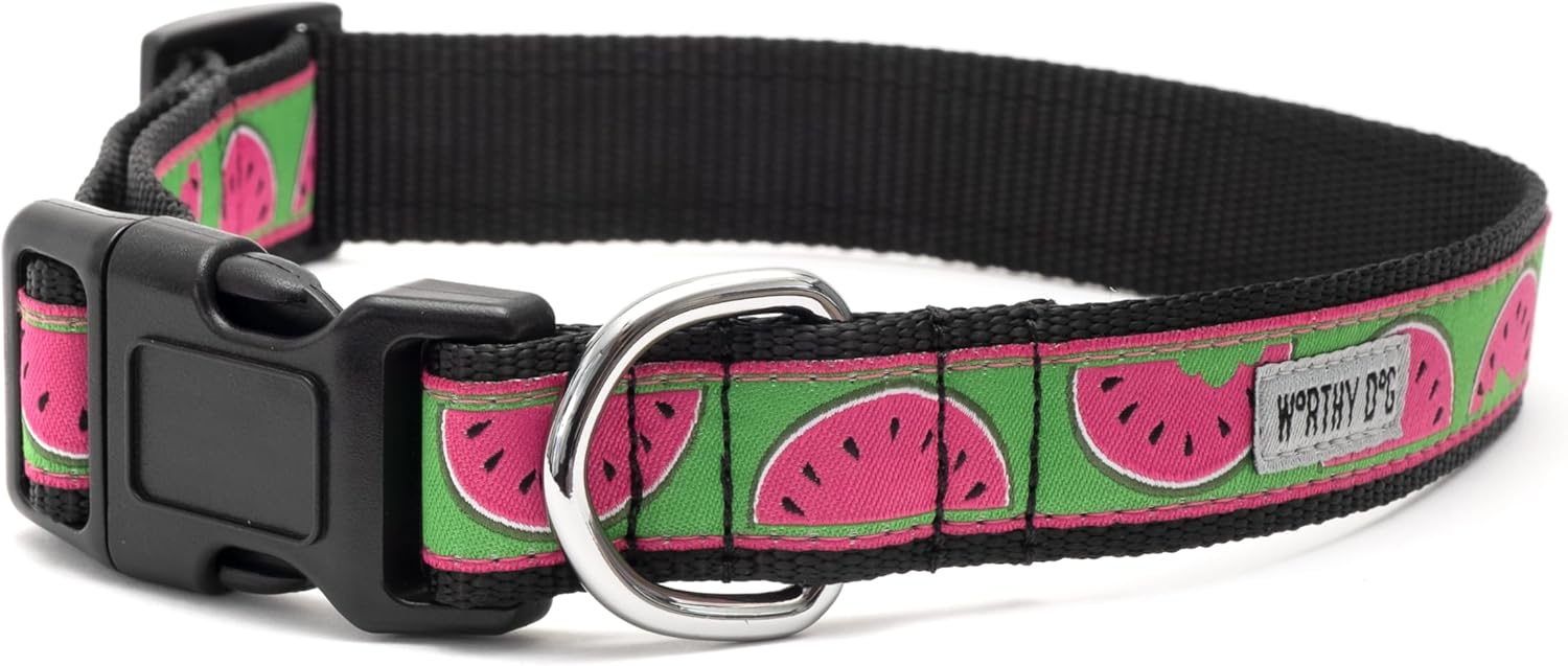 THE WORTHY DOG Collar for Small Dogs, Adjusts 6-12 inches, Durable Nylon Webbing, Quick Release Buckle, Watermelon Pattern, Parrot Green, X-Small