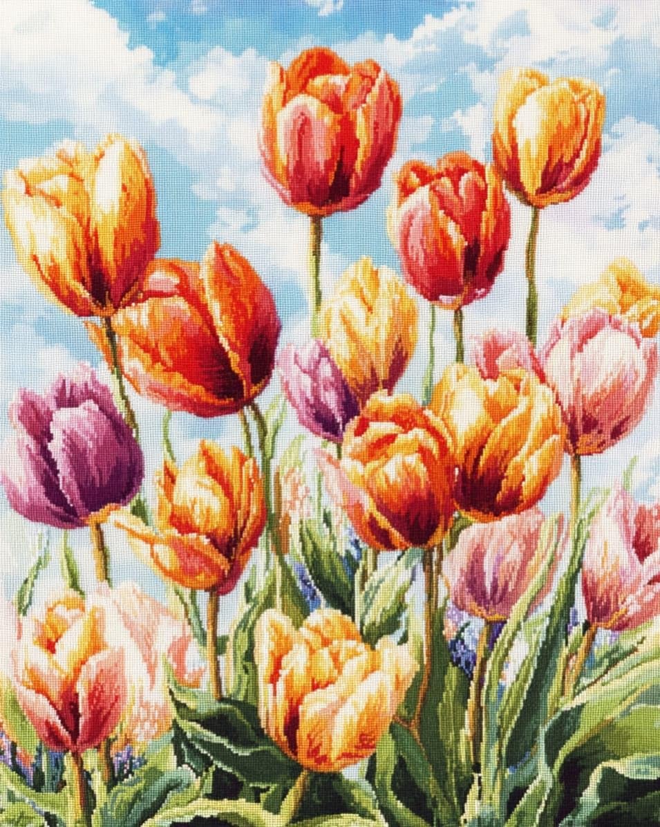 WallustrioaW 11CT Cross Stitch Kits,Tulips,Stamped Cross Stitch for Adults Beginners,Embroidery Crafts Kit for Home Decoration,40x50cm