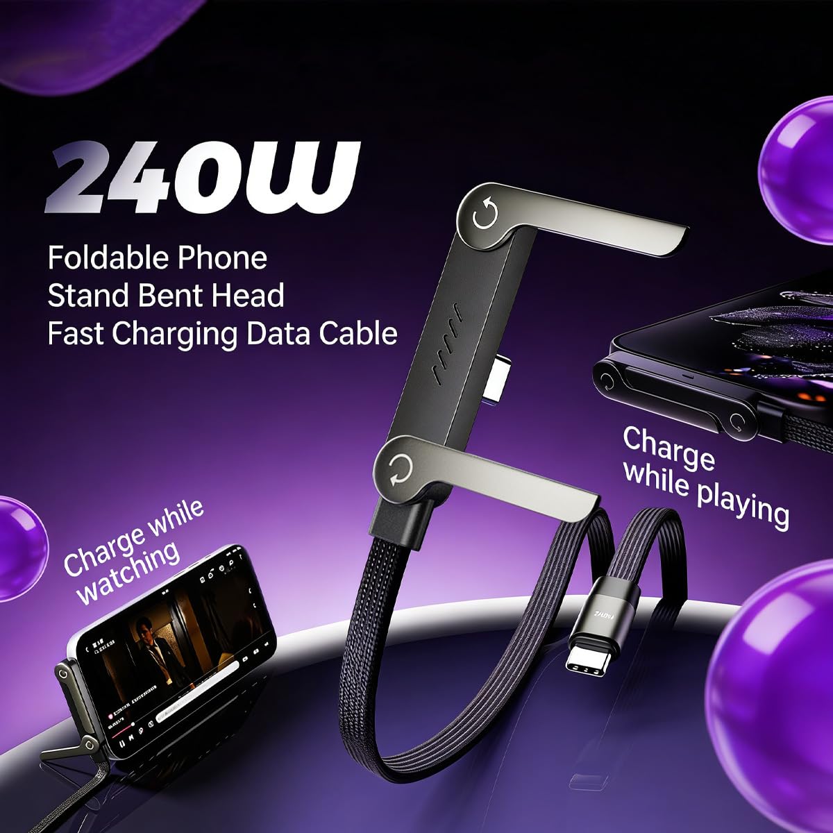 Câble USB C invisible 2 en 1 de 240 W, câble plat de charge rapide de type C de 1,5 m, design à angle droit de 90° pour les jeux, compatible avec iPhone 17, Samsung S25 S24 Ultra, tablette