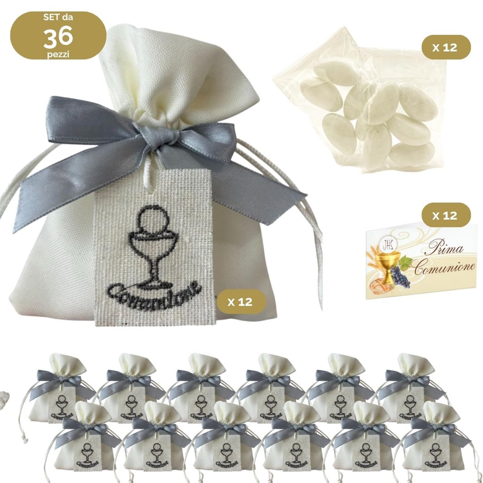 Doni Bomboniere Set Comunione 12 Sacchetti Portaconfetti in Cotone Fiocco e Targhetta Simboli Sacri Comunione con Bustine Confetti Bianchi Cioccolato Bigliettini Personalizzabili Confettata