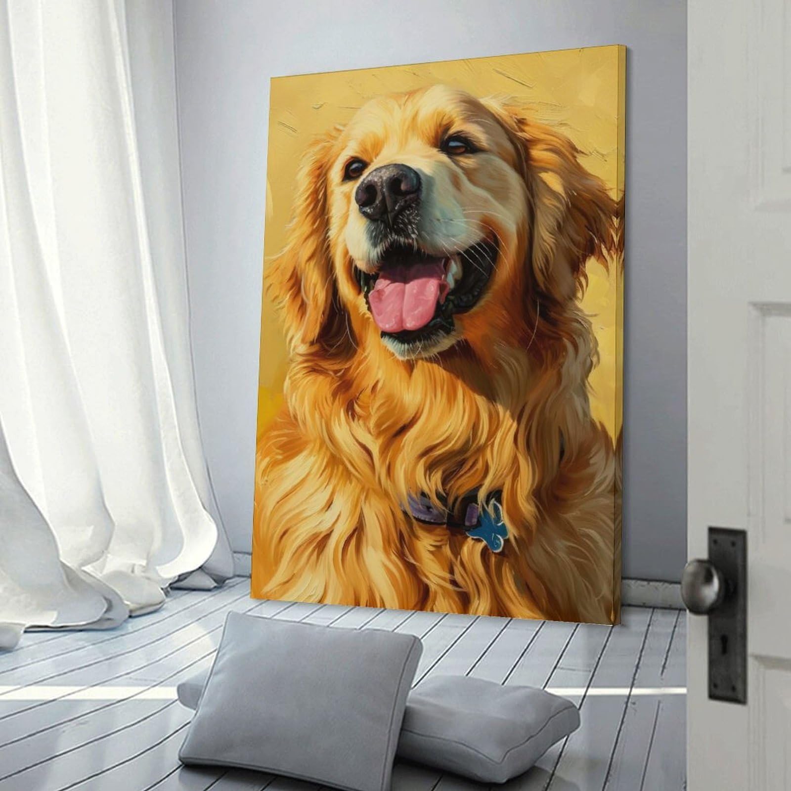 Junmoney Golden Glow Dog Wall Art Print, 24x36inch(60x90cm), for Entrance Spaces, Stair Walls Or Halls, Home Artwork for First Impressions