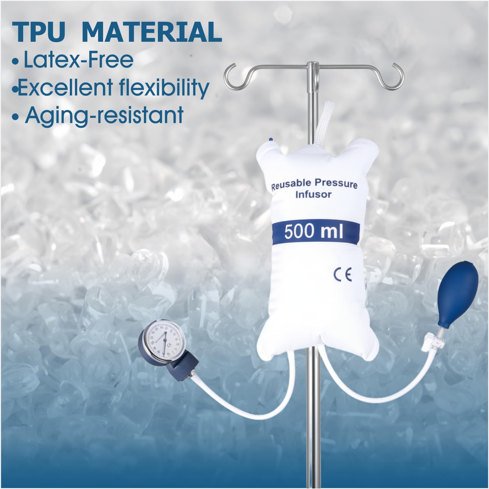 Sac de pression portable de 500 ml – Manchette de fluides IV avec jauge et pompe pour une utilisation d'urgence et clinique, matériau composite en nylon durable (blanc)