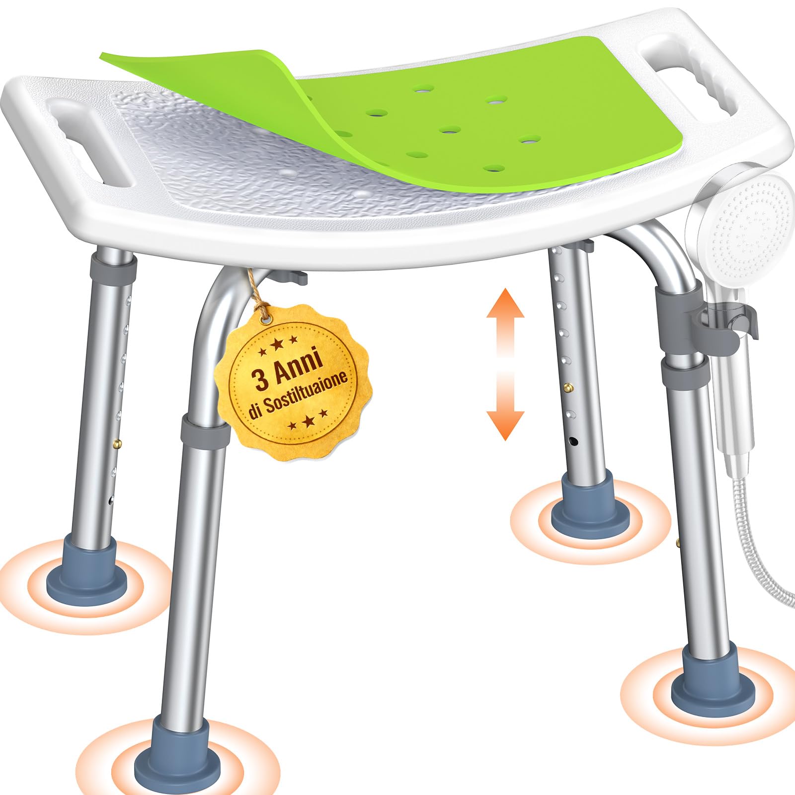 LC02 Sgabello Doccia per Anziani, Sedia Doccia Antiscivolo Regolabile in Altezza fino a 158 kg, Sedia per Doccia Leggera con Seduta Curva e Maniglie Integrate, per Disabili e Gravidanza