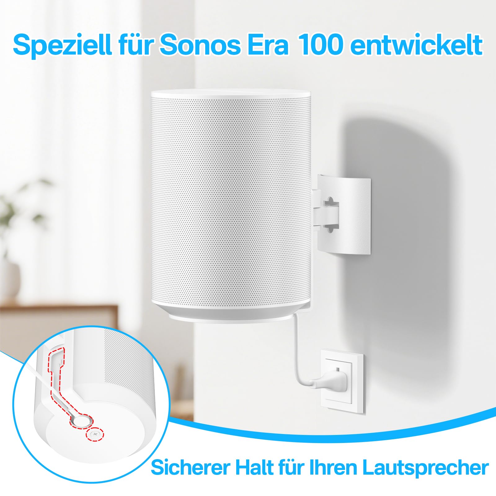 Para uchwytów ściennych do Sonos Era 100, montaż sufitowy lub pochylony i wychylny, regulowany uchwyt do montażu na ścianie Sonos Era 100, biały, z elastycznymi możliwościami montażu.