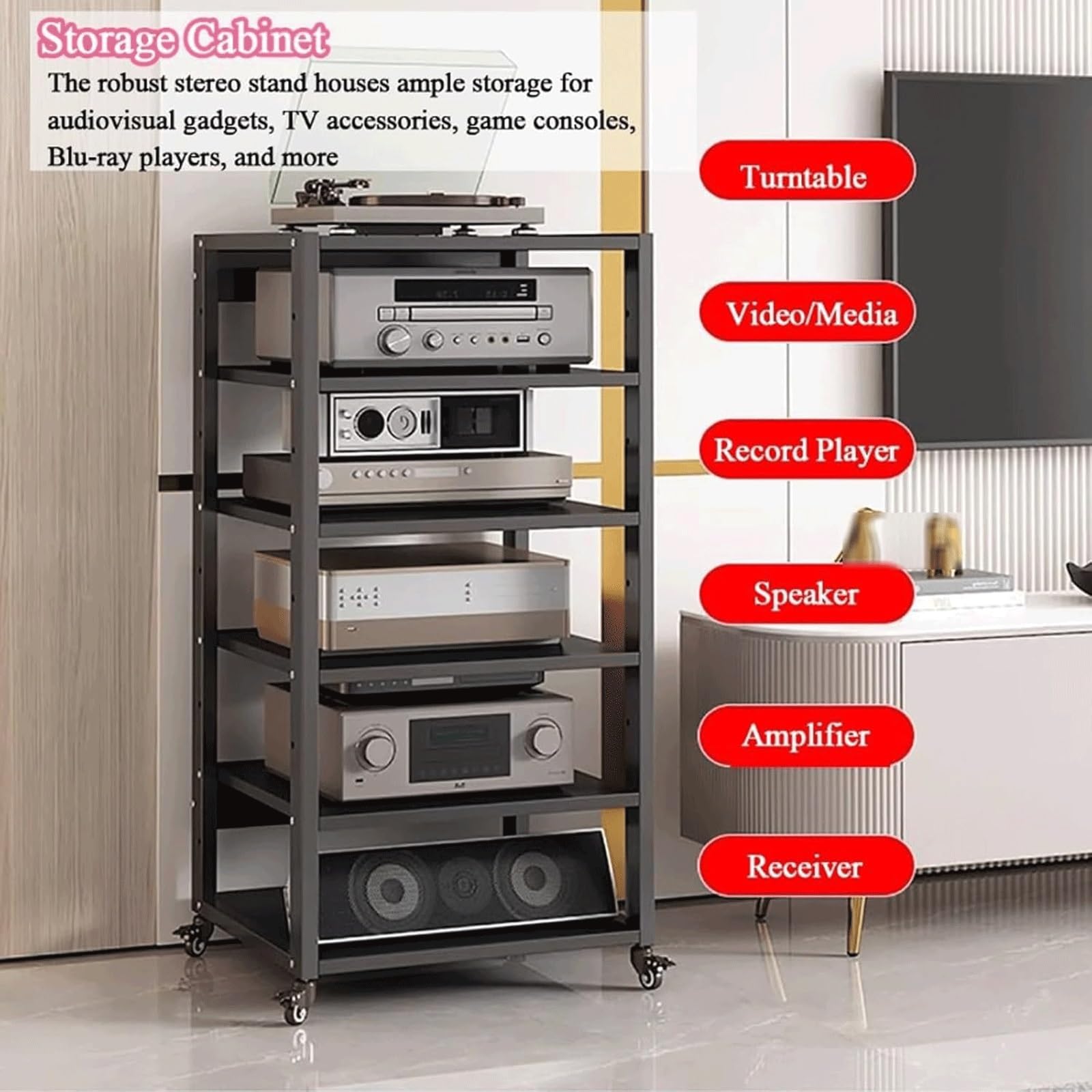 Regulowany 4-poziomowy nowoczesny stojak na media z kółkami szafka na sprzęt audio do domowego biura stereo regał centrum rozrywki (90 cm)