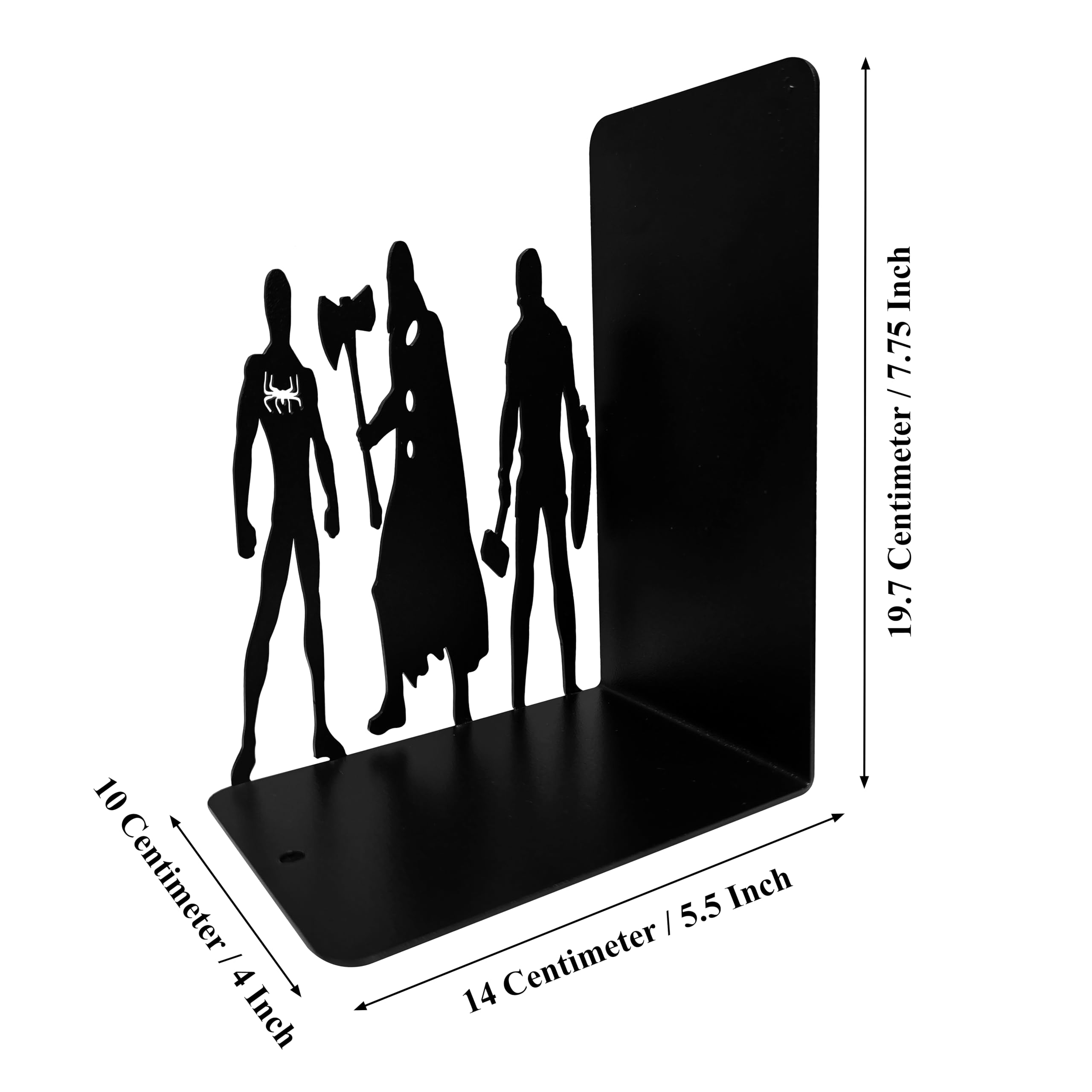 Superhelden-Buchstützen aus Metall, 20,3 cm hoch, 27,9 cm breit, 10,2 cm tief, schwarz pulverbeschichtet, 1,4 kg, dekorative Buchstützen für Regale