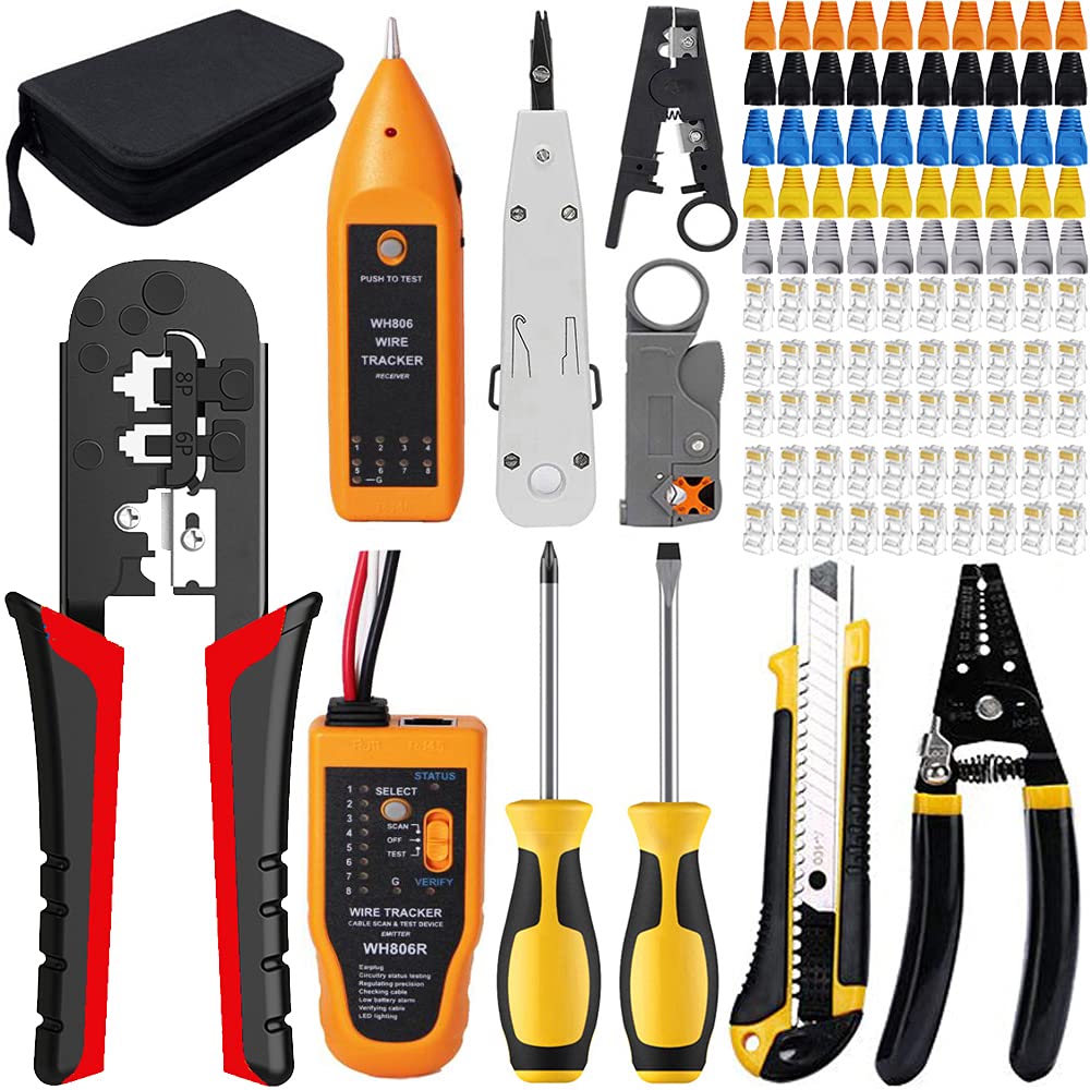 LEATBUY Kit d'outils à sertir Cat5 Cat5e Cat6 RJ45 avec 50 connecteurs RJ45 Cat6, 50 couvertures, testeur de câble réseau, tournevis à poinçonner (orange)