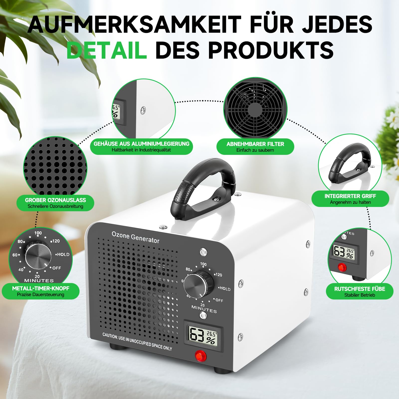 Ozongenerator 60000 mg/h Industrielles Ozon-Gerät mit 120-Minuten-Timer bis 350㎡ O3 Ozonisator Weiß
