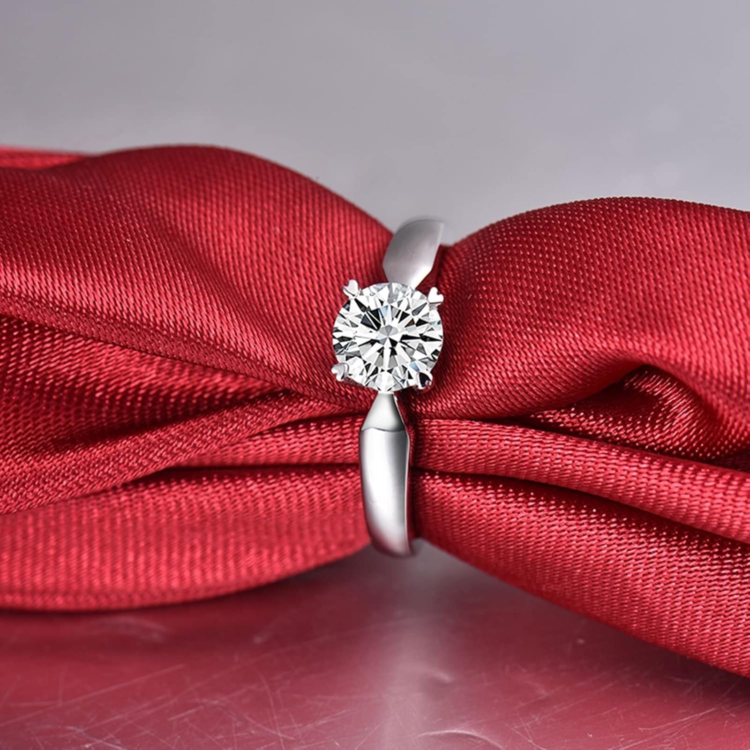 Engagement Ring 18K White Gold, Jewelry Ring 4 Prong Single Diamond Rings Valentines Day Gifts for Women