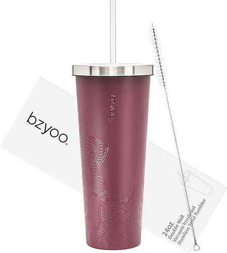 Miniatura 2 de bzyoo Colección de vasos de paja de mandala SUP - Vaso aislado al vacío de acero inoxidable de doble pared rosa de 24 onzas con popote y tapa y vaso