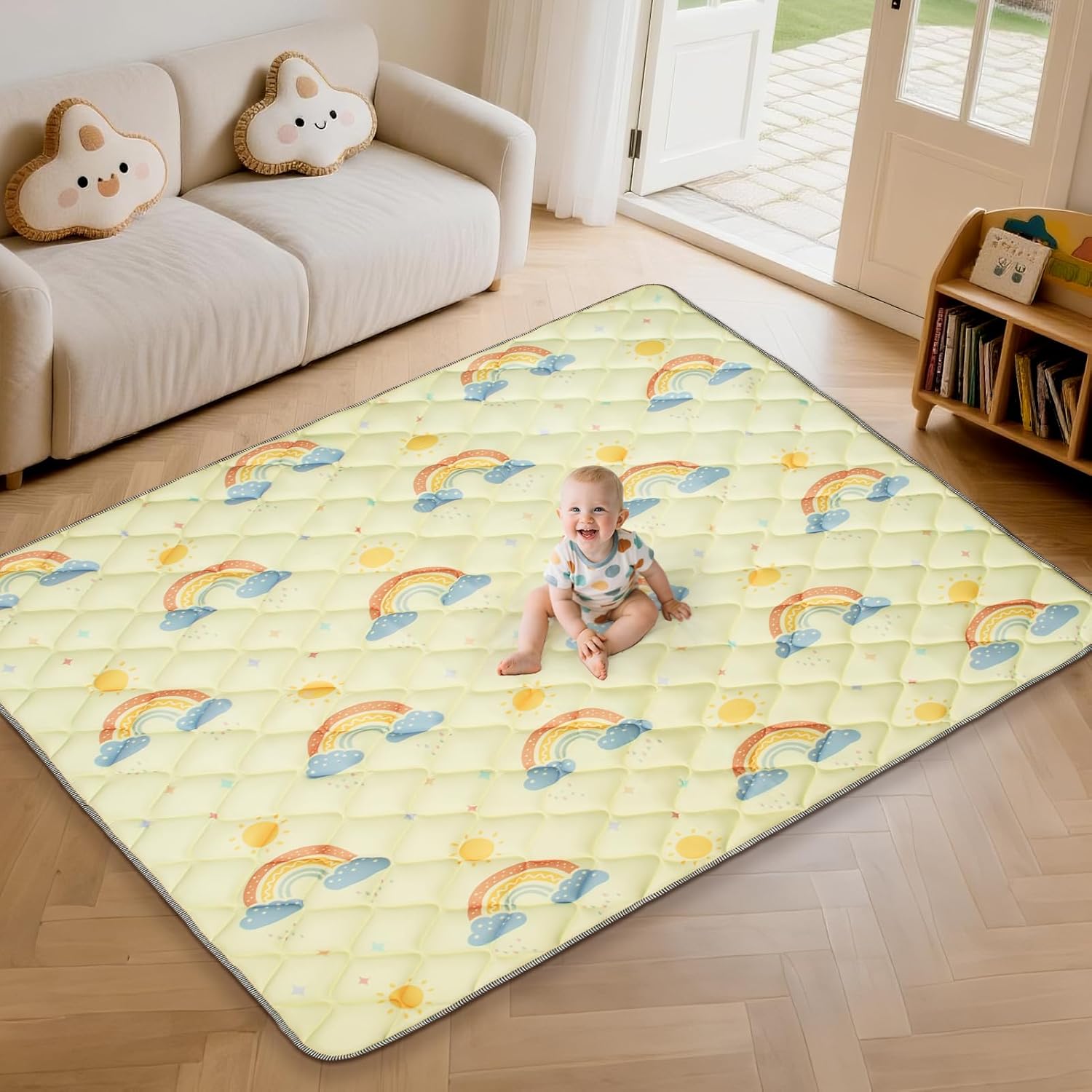Baby Play Mats for Floor - 74x50 In Thicken Soft Padding Foam Playmats for Toddlers Playpen - Non-Slip Baby Activity Mat for Tummy Time & Crawling - Foldable Play Mat Machine Washable, Rainbow