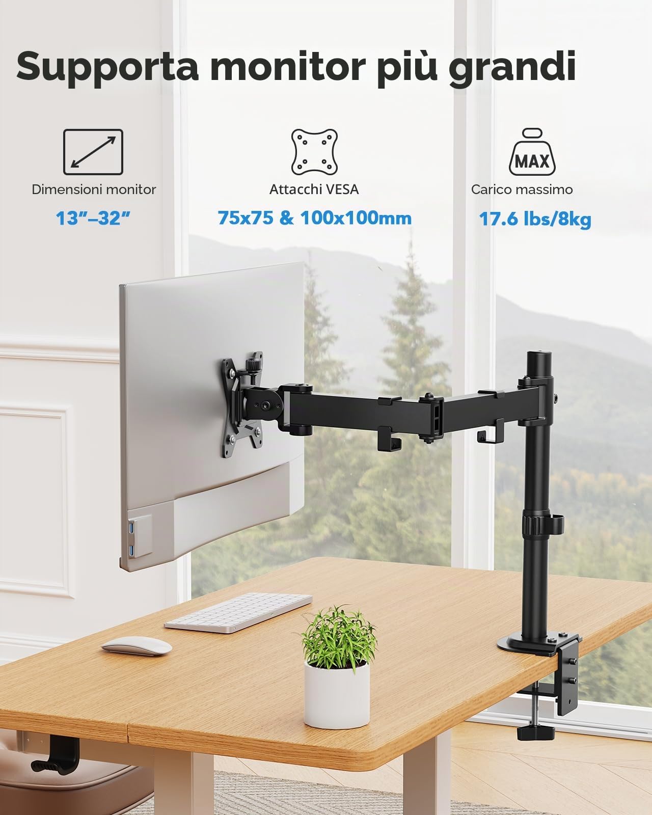 Supporto per monitor HUANUO per schermi da 13-32 pollici, inclinazione, rotazione e rotazione con regolazione dell'altezza, 2 opzioni di montaggio, VESA 75 e 100 mm