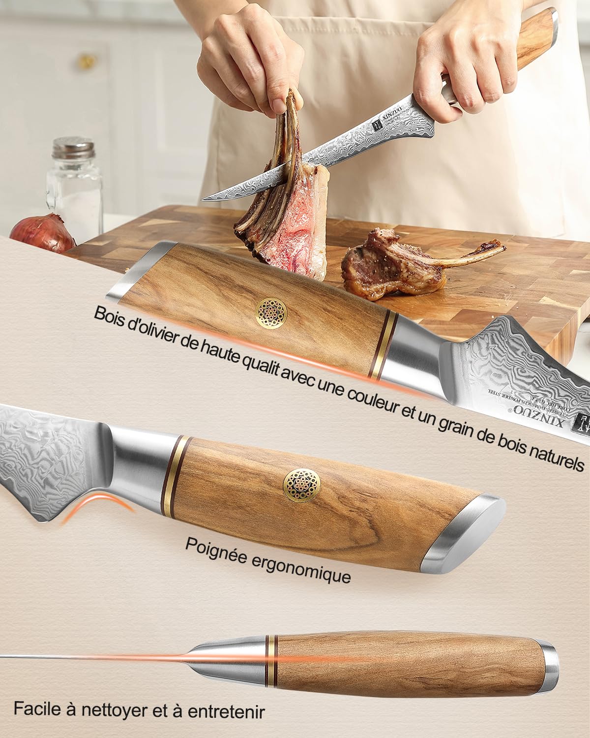 XINZUO Acier en Poudre de Damas 17,8cm Couteau à Filet,73 Couche Damas Acier de Couteau à Désosser pour Désosser le Poisson et la Viande,Couteaux à Fileter Chef Professionnel-Poignée en Bois d'Olivier