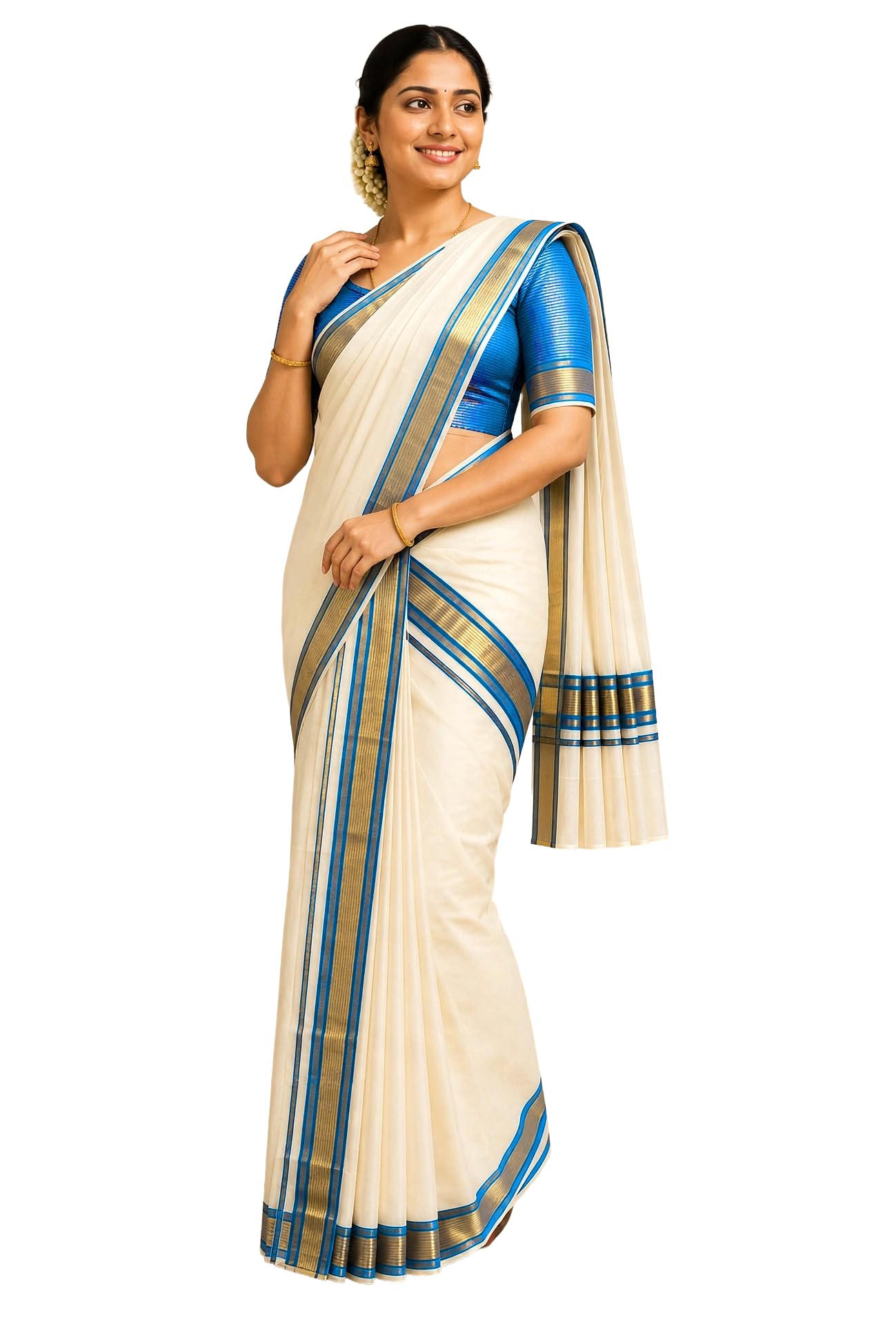 tuni mani Women's Cotton Set Mundu with Fancy Border | Traditional Kerala Kasavu Mundu & Shawl Set | Bottom 2.10M x 1.20M | Shawl 2.70M x 1.00M | Festive & Ethnic Wear-picture-4