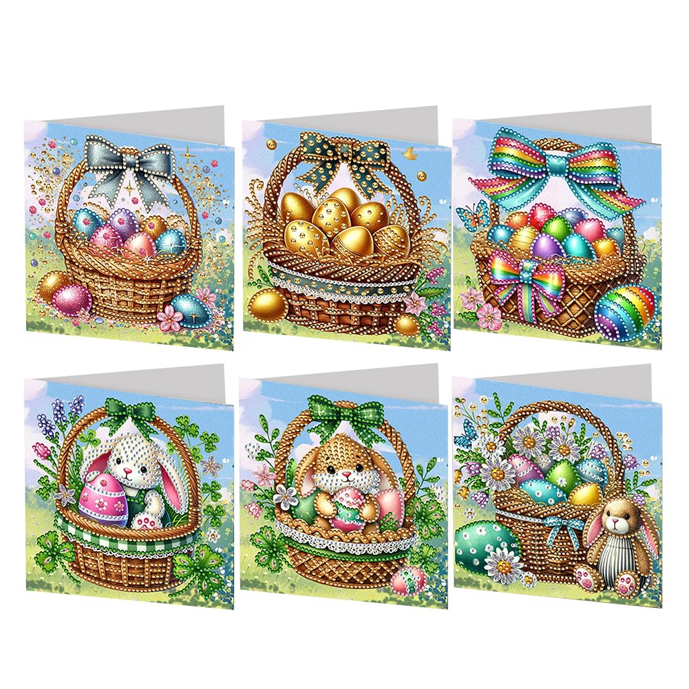 SPEPROECO Easter Diamond Painting Card Making Kits for Adults, 6pcs Easter Diamond Art Cards DIY Handmade Diamond Painting Greeting Egg Bunny Card with Envelope 5d Gem Rabbit Painting Greeting Card