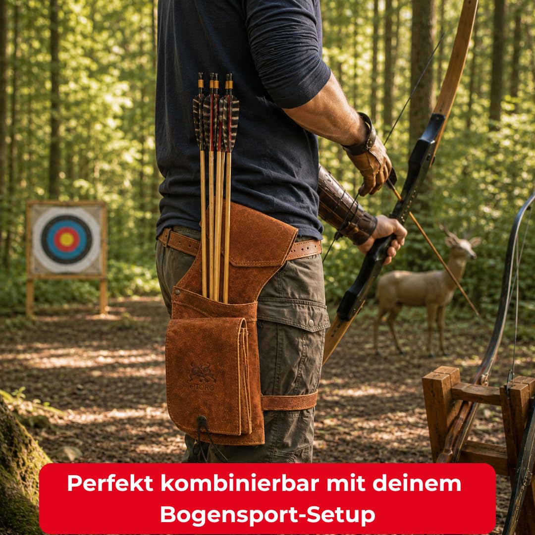 elToro Heritage Field Fieldköcher Rechtshand aus Leder mit Beinschlaufe | kompakter Bogensport Köcher für Pfeile, Training, Parcours und Zielschießen