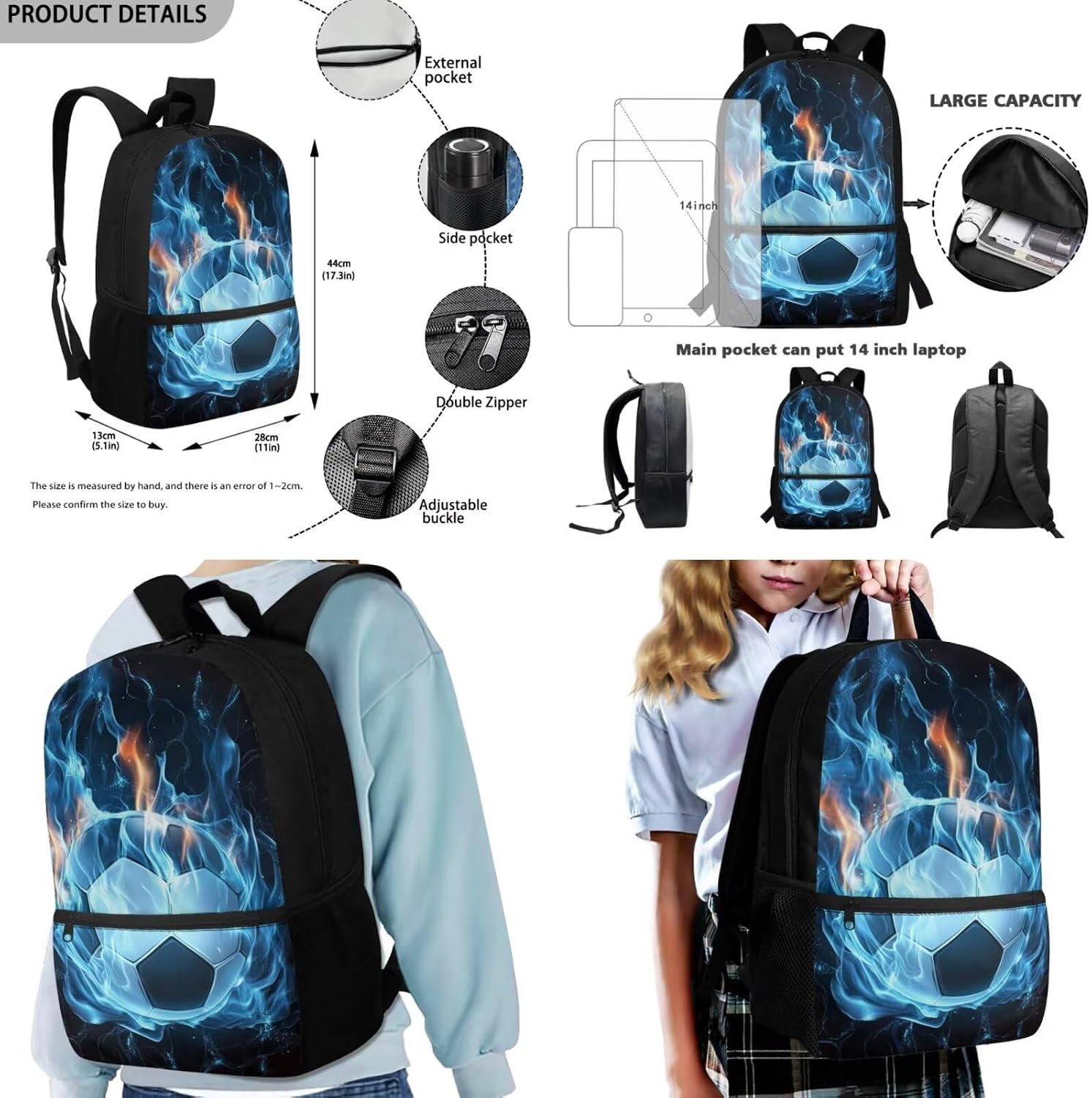 Soccer School Backpack for Boys 8-12 Lightweight Keychains for Kids Backpack with Lunch Box and Pencil Box Large Capacity Bookbag for Girls Age 6-8 School Bag Set for Toddler Birthday 4 Pcs