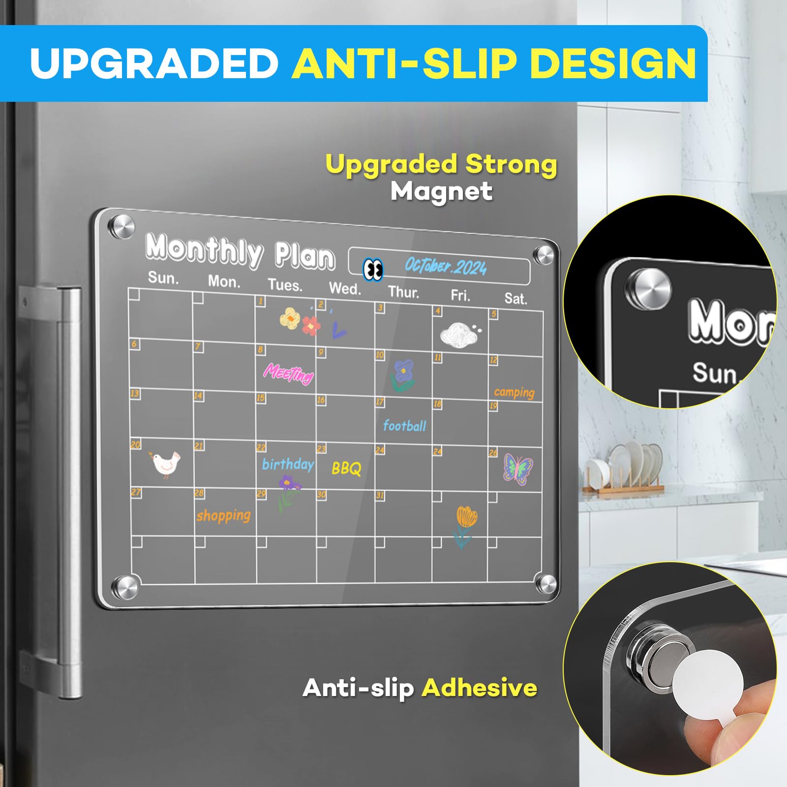 Magnetic Chalkboard Calendar Set For Fridge - Monthly Weekly Daily Planner With Markers & Pen Holder