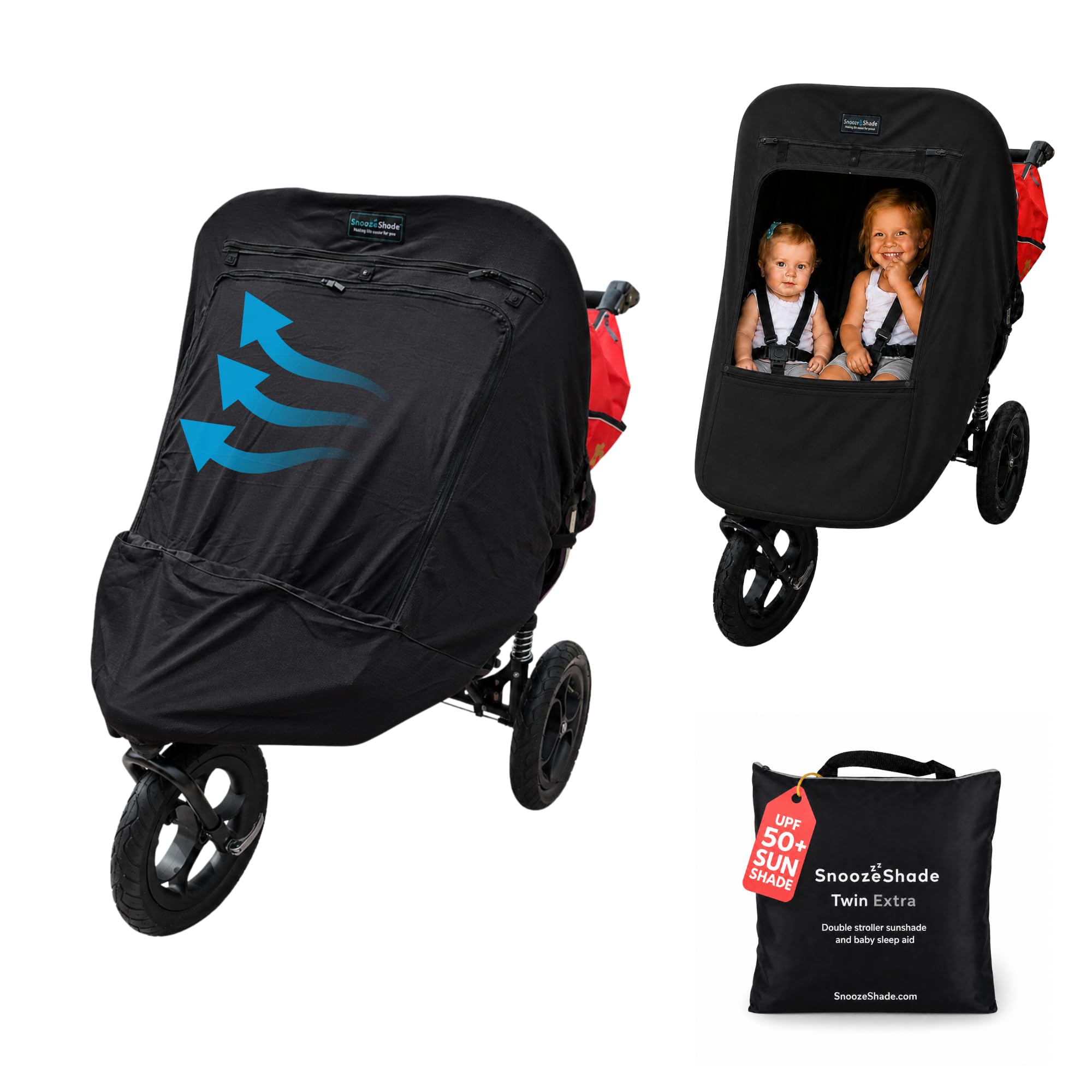 SnoozeShade Twin Extra Blackout Sun Shade for Double Buggy, UPF50+, Universal Fit, Better Than Breathable Mesh, Sneak-a-Peek Zip, INPAA Approved