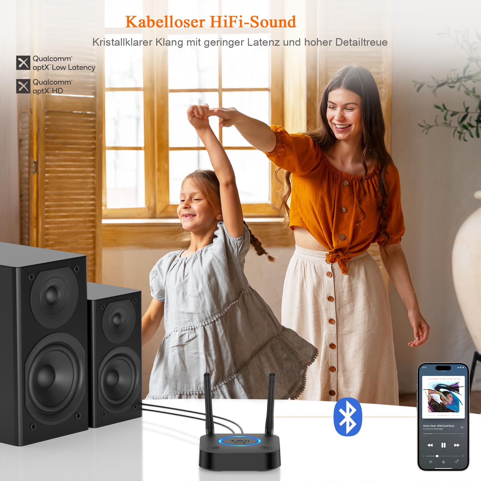 1Mii B06Pro Bluetooth 5.3 HiFi Empfänger, Kabelloser Audio Adapter aptX Low Latency 3D Surround Optisch Koaxial 3,5mm AUX