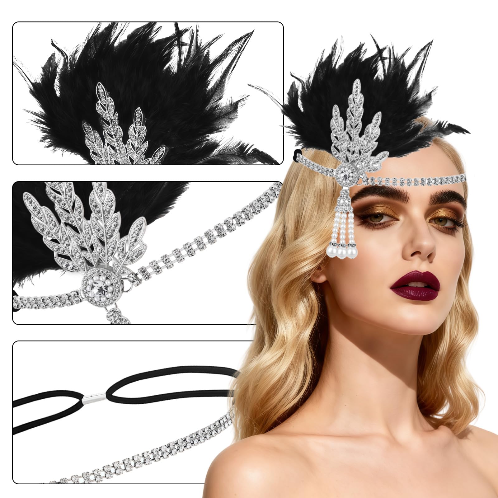 1920s Great Gatsby Accessories Headband Flapper Headpiece Women Gatsby Headband Feather Headpiece Vintage Themed Party Halloween Costume Roaring Fascinator Flapper Girl Hat Silver Leaves Pearl Tassel - Image 2