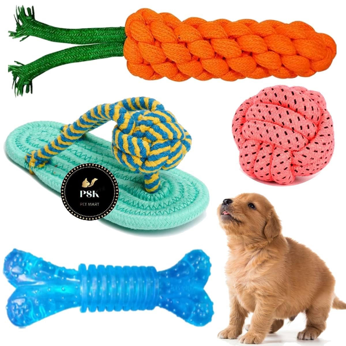 PSK PET MART Dog Durable Cotton Chew Rope Slipper Dog Toys for Teething Playing Fun Toy + Gums Massage + Chew Rope Toy + Rubber Flavoured Chew Bone Suitable Small and Medium Puppies (Pack of 4) (B0C7GLCTKX) Amazon Price History, Amazon Price Tracker