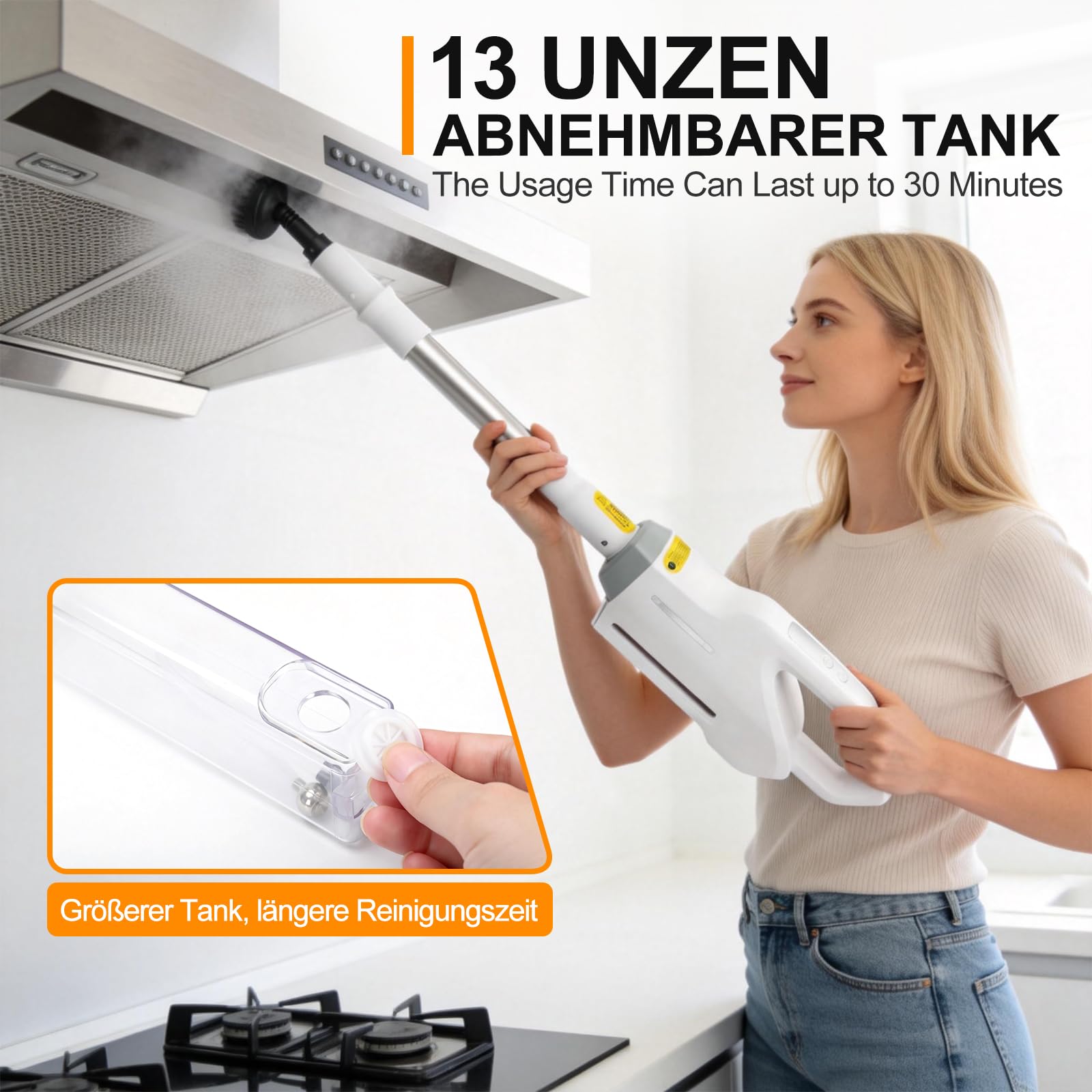 Limpiador a Vapor 1500W de Mano con Depósito Extraíble, Mopa de Vapor Multifuncional con Accesorios, Limpiador de Vapor de 500 ml para Suelos, Alfombras, Azulejos y Cocina