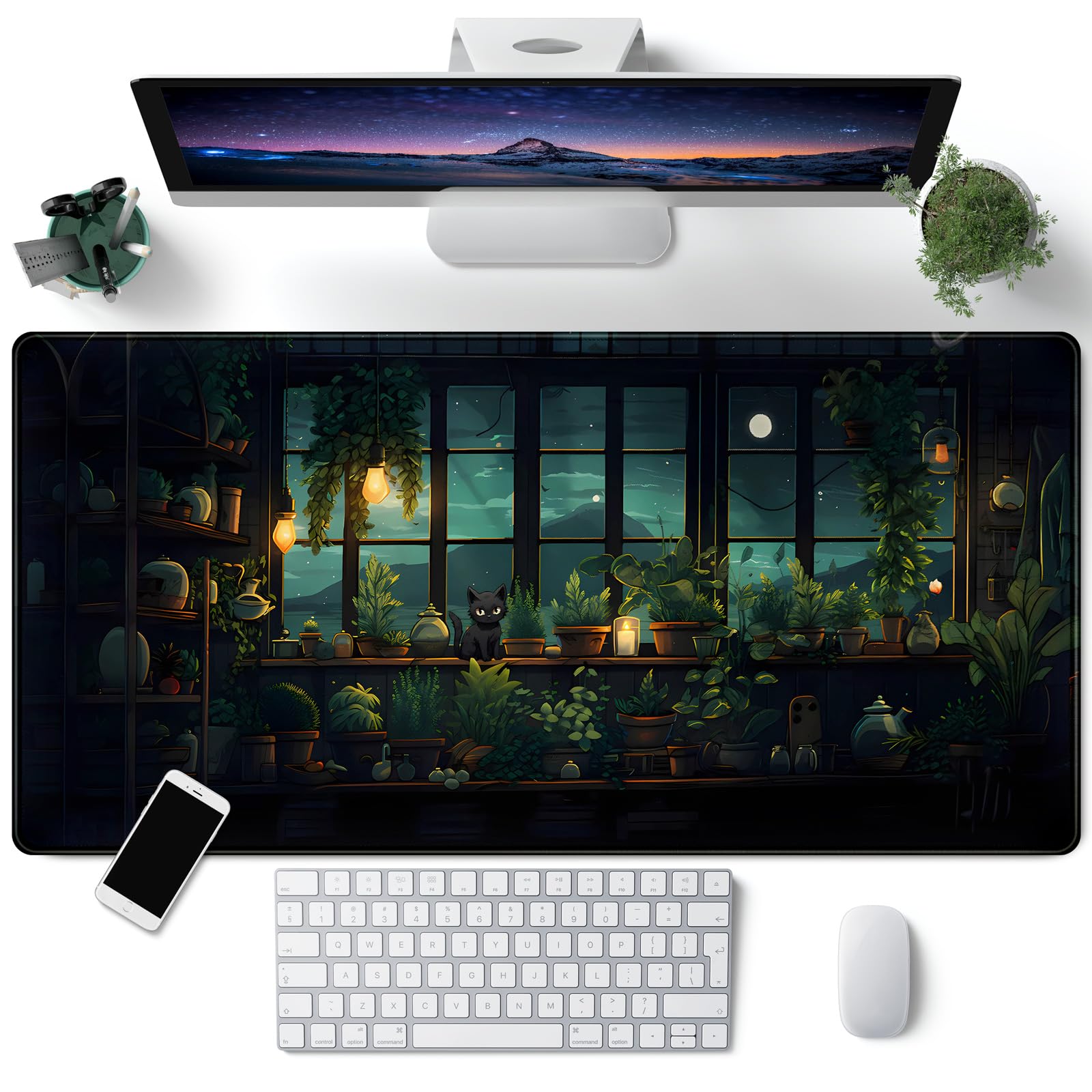 Green Plants Desk Mat Cute Cat Lofi Aesthetic Desk Pad Anime Large Gaming Mouse Pad Full Desk Mousepad XXL Extended Mouse Keyboard Mat Desktop Mat Cute Desk Decor for Women 31.5''X15.7''