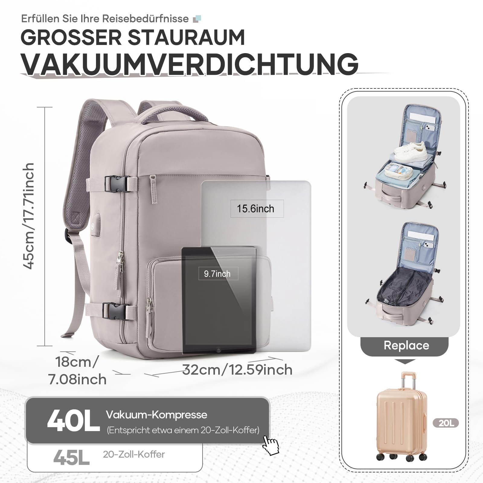 wassdins Zaino Ryanair 40x20x25 Sottovuoto con Pompa, Zaino da Viaggio Aereo Bagaglio a Mano, Tasca Antifurto, 40 Litri Grande Easyjet Airbag Donna & Uomo
