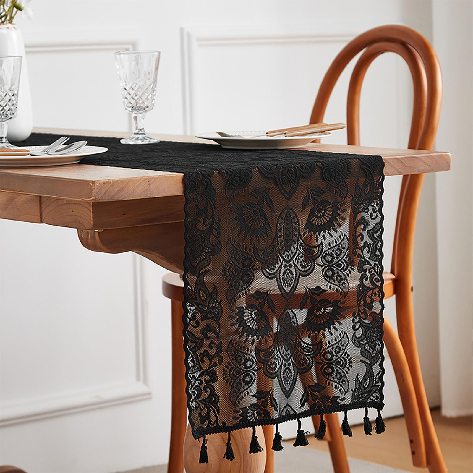 KLUSIET Long Table Runner with Tassels, Macrame Table Runners, Woven Lace Table Runner, Farmhouse Table Runner for Home Dining Table Décor(102in,H)
