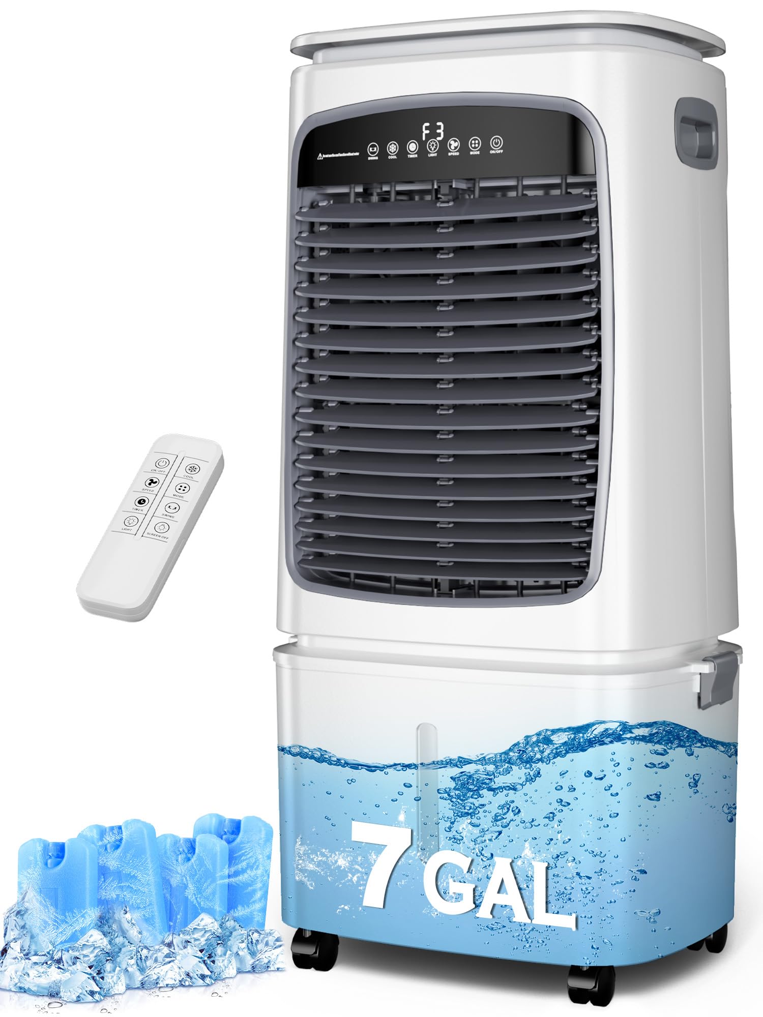 Uthfy Swamp Cooler, 3-IN-1 Evaporative Air Cooler with 7 Gallon Water Tank, 4 Ice Box, Remote, 12H Timer, 120°Oscillation, Portable Air Conditioner, Cooling Fan for Bedroom Indoor Outdoor Use