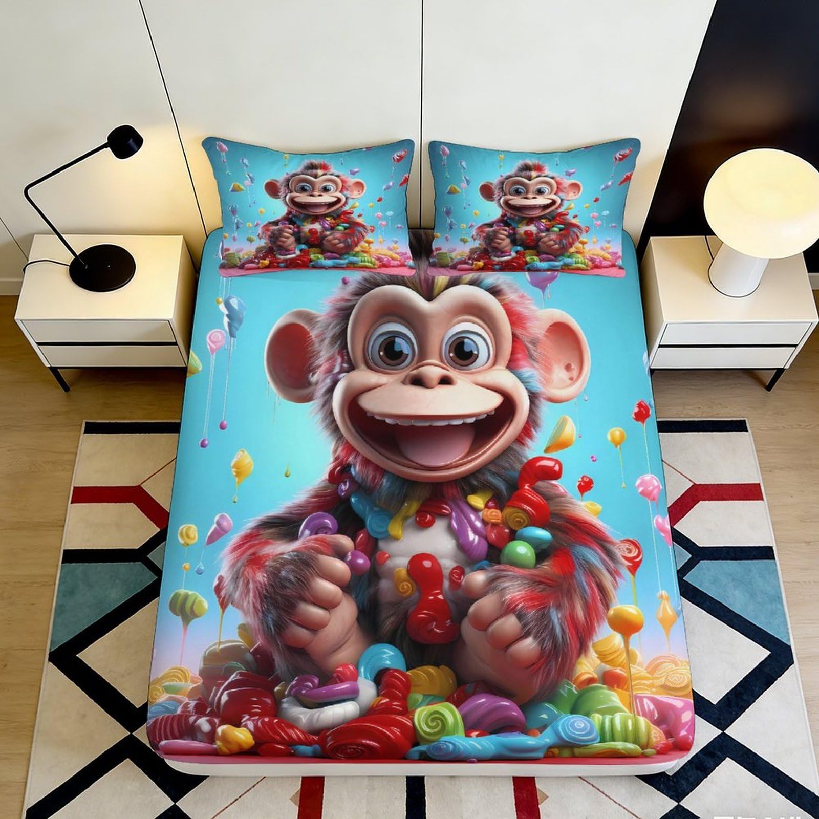 3D Printed Cartoon Monkey Fitted Sheet Microfiber Deep Pocket Non-Slip Bedroom Bedding Cartoon Monkey Mattress Fitted Cover for Adults Teens 200x200x25cm 90x200x25cm