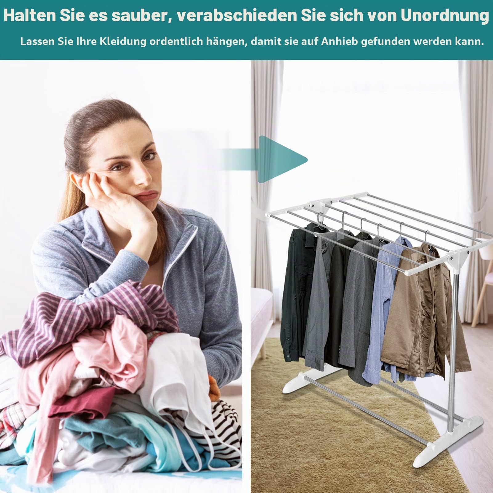 Pilipane Wäscheständer schmal, wäscheständer klein, große Trockenfläche wäschständer, Faltbarer und Verstellbarer kleiderständer, robuster und langlebiger Wäschetrockner für trockene