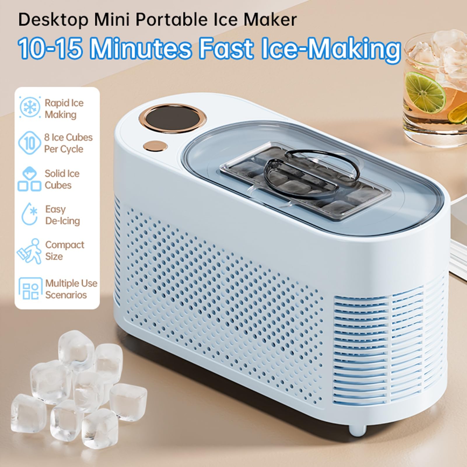 banapoy Máquina Hacer Hielo Encimera, 10 Cubitos Hielo en 15 Minutos, Mini Máquina Automática Portátil para Hogar, Camping, Oficina, Bar, Fiesta, Coche, Cócteles, Bebidas (Enchufe de la UE)