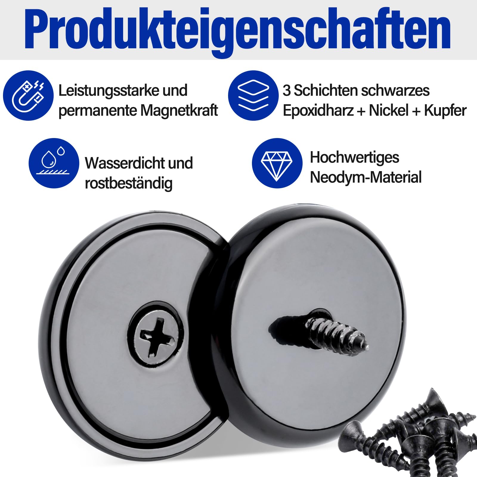 36MM Superstarke Neodym Magnete Schwarz,Magnete Stark mit runder Basis und Löchern, 12 Stück Seltenerdmagnete Topfmagnet mit Senklöchern und Schraube für Küchenhandwerk, Haltewerkzeuge zum Aufhängen