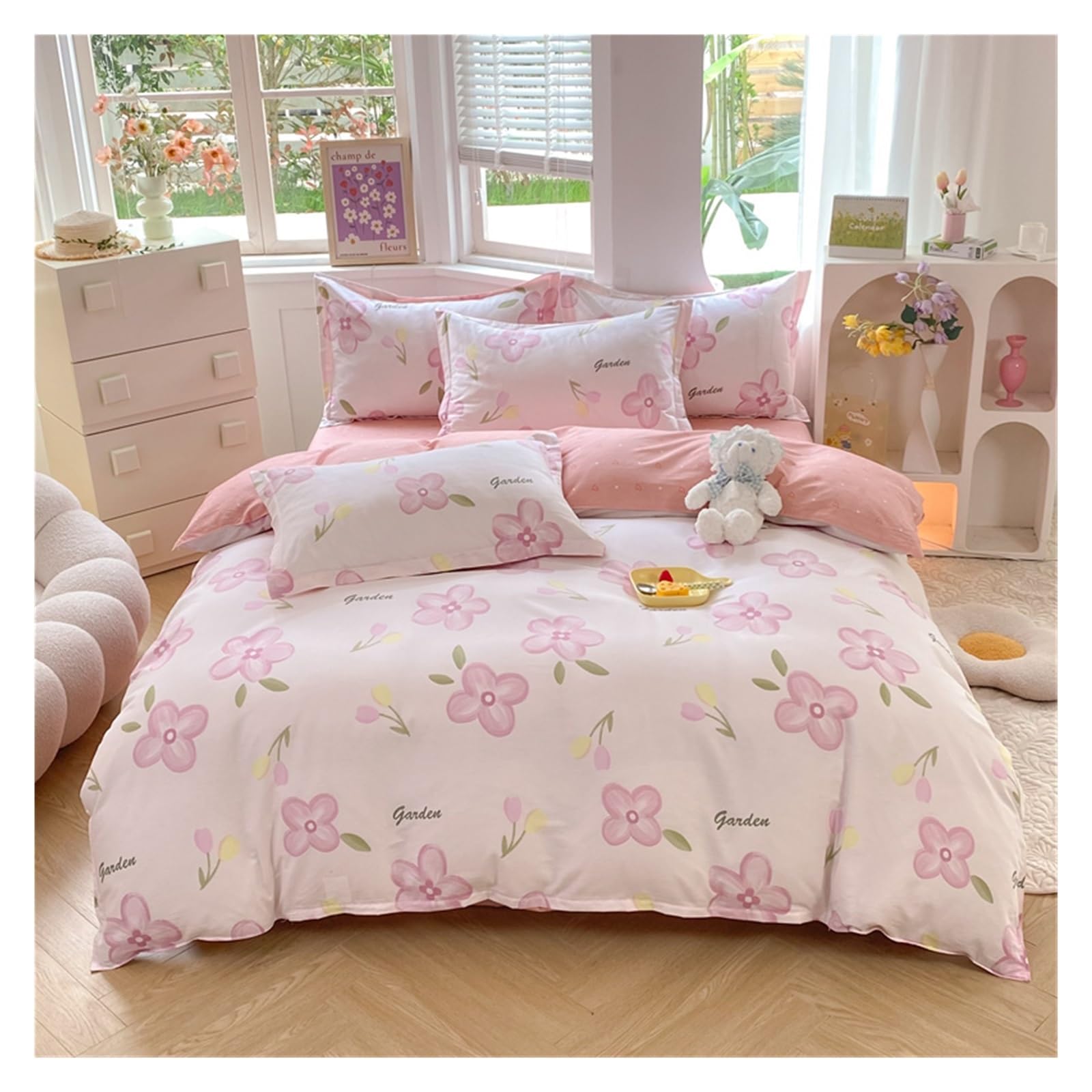 Housse de couette imprimée feuilles avec fermeture zippée et cordons d'angle fixes