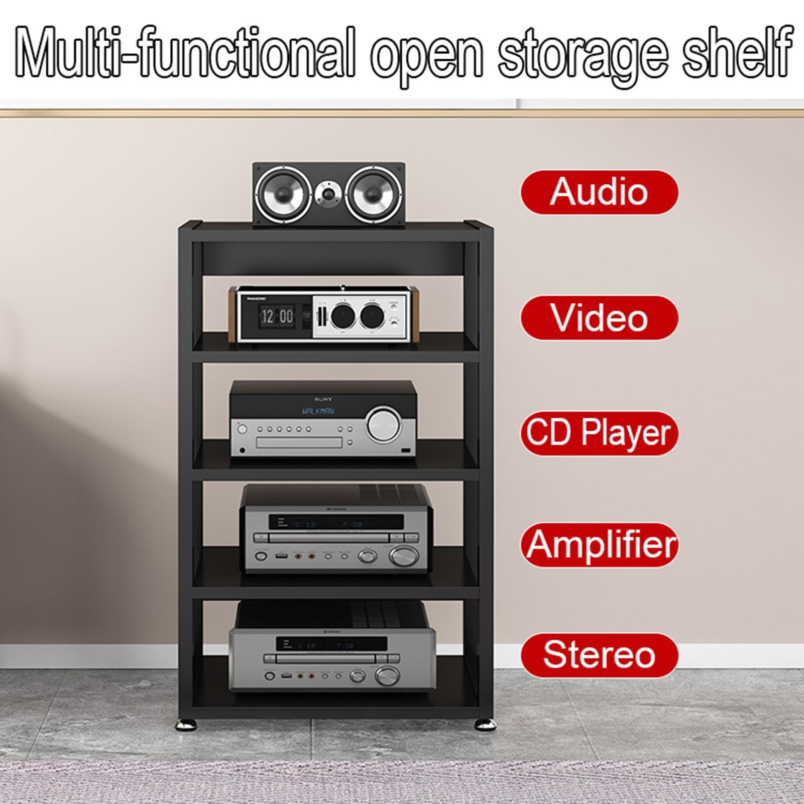 Wielofunkcyjny 4-poziomowy stojak na media AV, stylowy drewniany stojak audio, stojąca, narożna szafka pod telewizor do odtwarzacza CD i stereo, otwarta półka do przechowywania (kolor: A, rozmiar 55 x