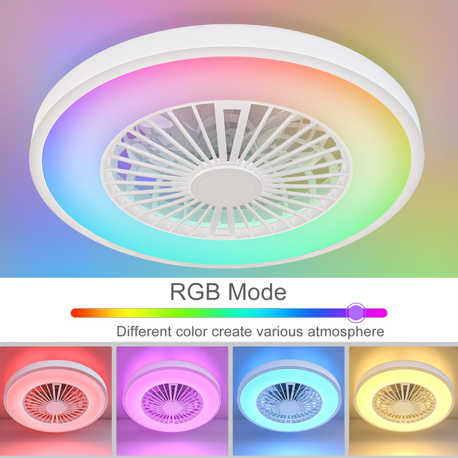Ateroll Ventilatore da Soffitto con Luce, Motore DC 25W LED 45W, RGB (3000K-6500K), 3000LM, 6 Velocità del Vento Regolabili con Telecomando, Timer, Memoria Luce, 7 Pale del Ventilatore Reversibili