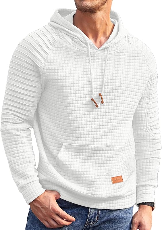 COOFANDY Men's Sweatshirt Pullover Long Sleeve Hipster Textured Drawstring Pleated Hoodies with Kanga Pocket, White, Medium