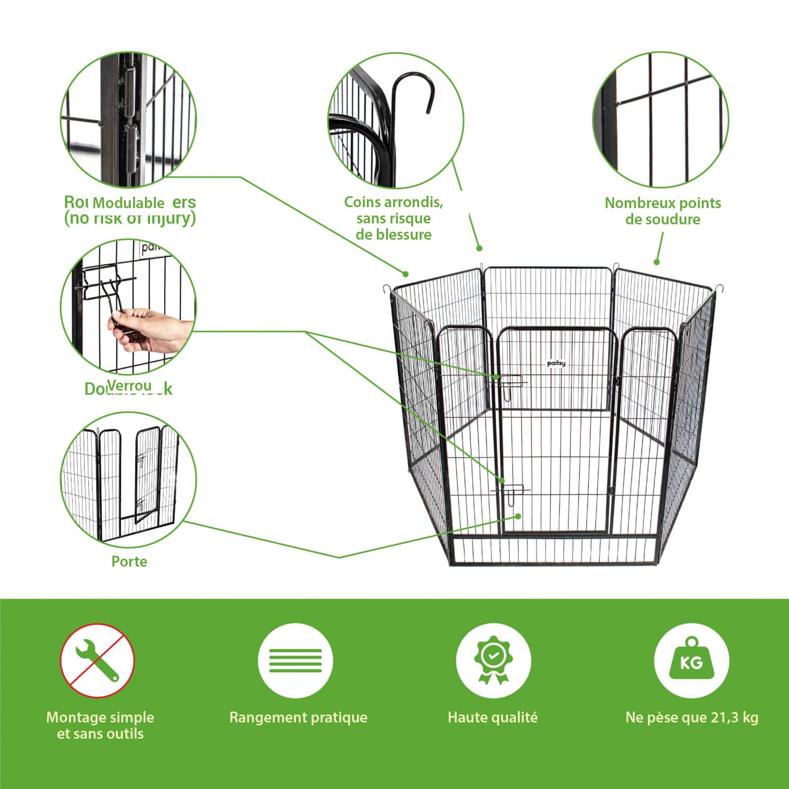 Parc Enclos pour Chien Chiot et Lapin GARDEO100x120x6, 6 Panneaux 100x120cm, 2M2, modulable, intérieur et extérieur, Pliable, Garantie 5 Ans