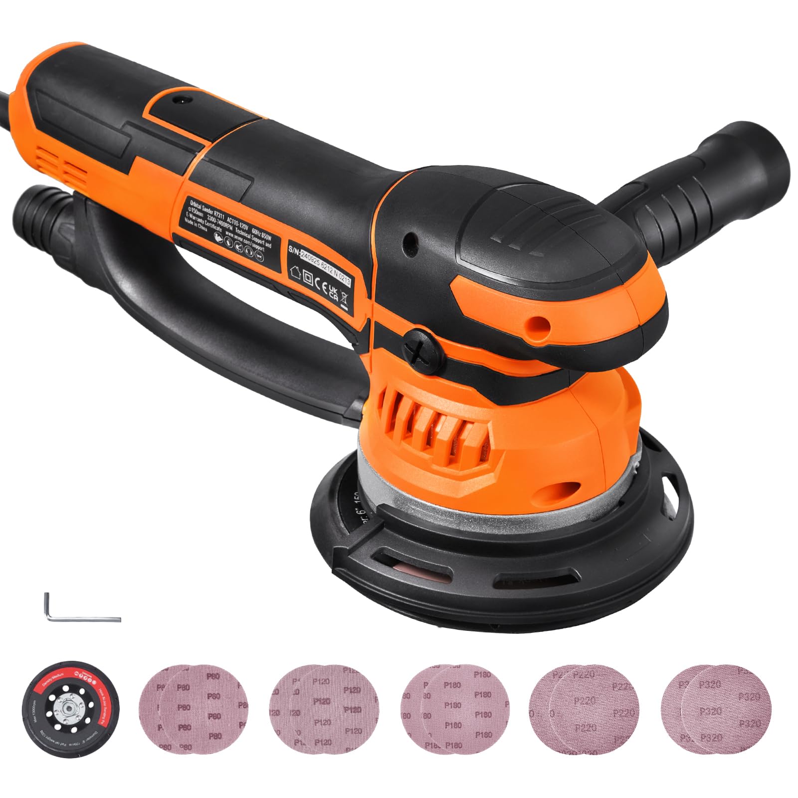 VEVOR Ponceuse orbitale aléatoire, 152 mm, ponceuse excentrique électrique à double action DA et GA, 850 W, 6 vitesses variables, 10 papiers de verre, connecteur anti-poussière, pour ponçage du bois