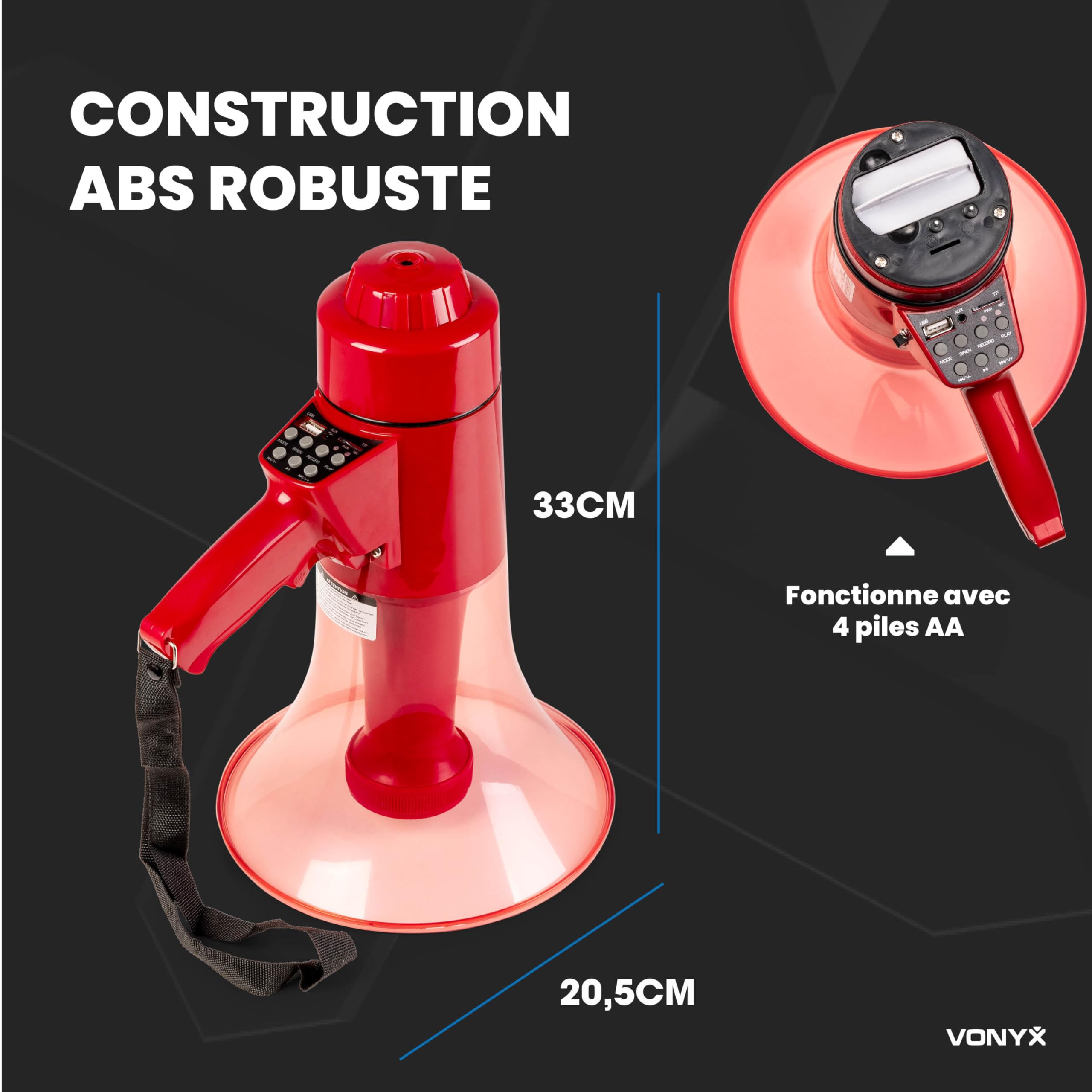 VONYX MEG050L Mégaphone avec Lampe Torche 50W, Idéal pour Manifestations et Matchs Sportifs - Jusqu’à 1 km, Bluetooth & Lecteur MP3, Poignée avec Dragonne, Imperméable