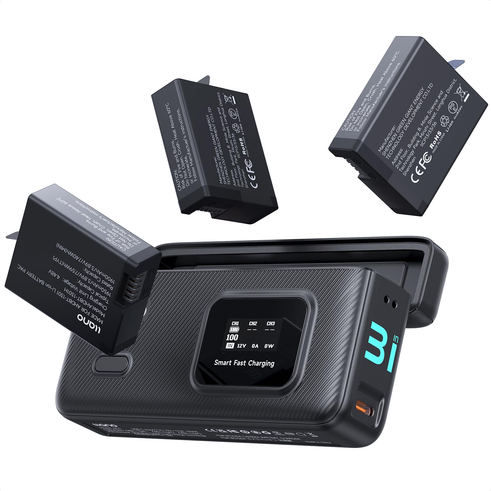 llano AC3 30W Fast Charger Case with 3 Pack 1950mAh Hero13 Batteries for GoPro Hero 13 Action Camera, Triple Slot PD Charging, LED Display, Portable Storage