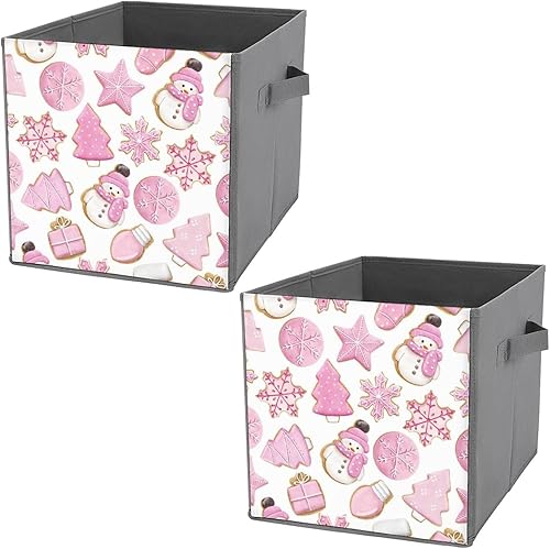 Pink Christmas Cookie Cube Storage Bins Merry Xmas 11 Inch Storage Cubes Foldable Decorative Fabric Storage Baskets for Organizing Home Organizers