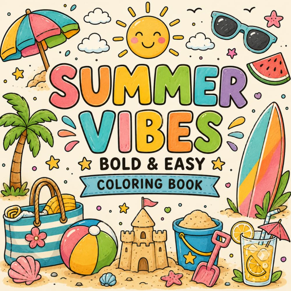 Summer Vibes Bold and Easy Coloring Book: for Kids, Teens & Adults Featuring Beach Items, Flowers, Cute Animals and Cozy Vacation Days for Stress Relief & Relaxation (Cozy & Easy Coloring)