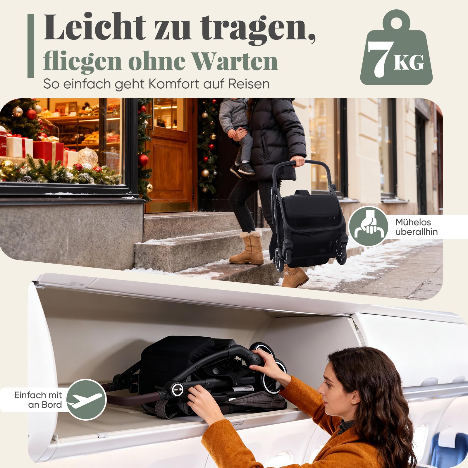 Sekey Reisebuggy Flugzeug Handgepäck mit Liegefunktion, Kinderbuggy Klappbar bis 25kg mit Regenschutz, Buggy Kinderwagen Leicht mit Reflektor, 3-fach verstellbare Rückenlehne, BW732, Schwarz