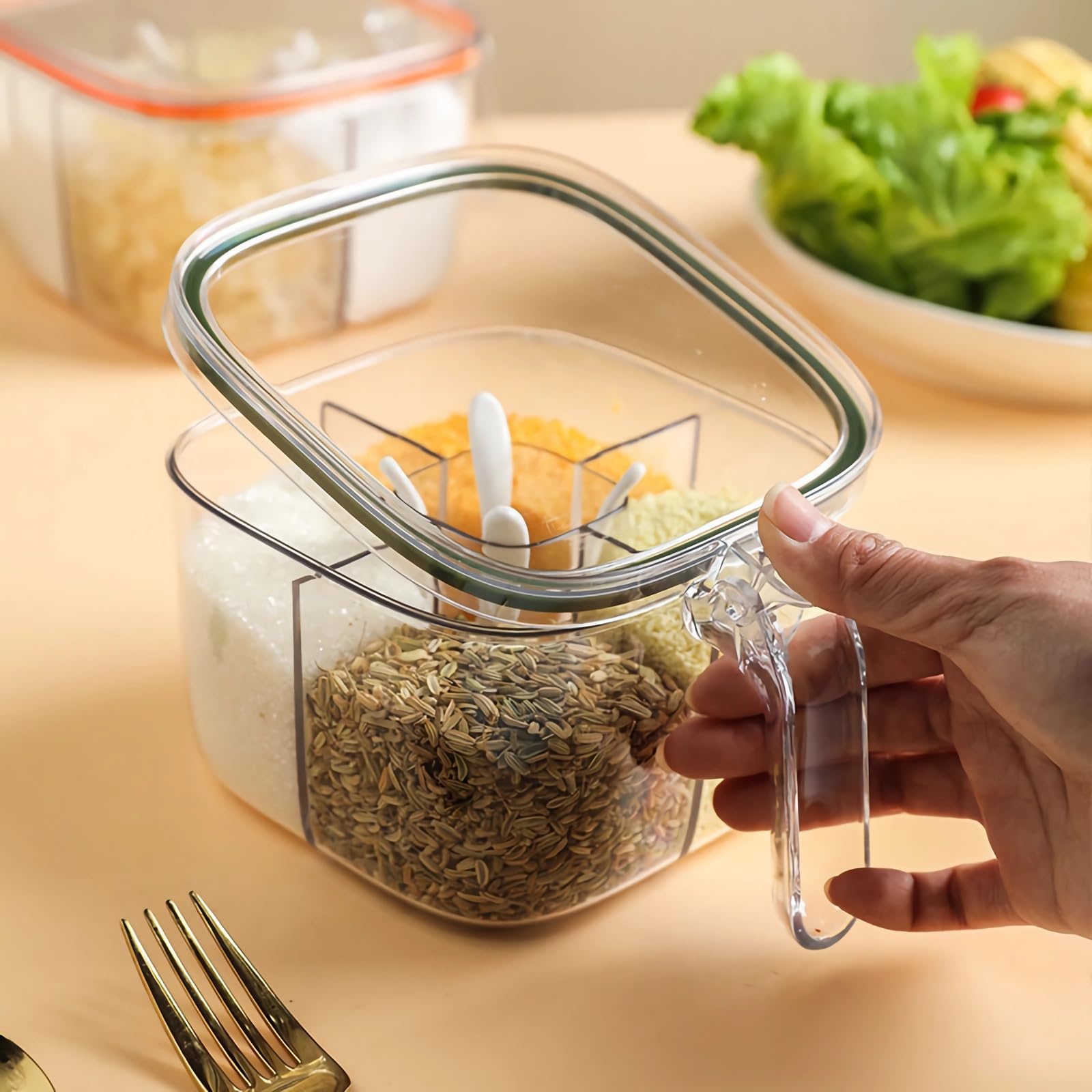 ADVOK4 Compartment Condiment Pots Set, Transparent Seasoning Box with Lids and Spoons, Convenient and Neat Storage Solution for Your Kitchen (Transparent Green)